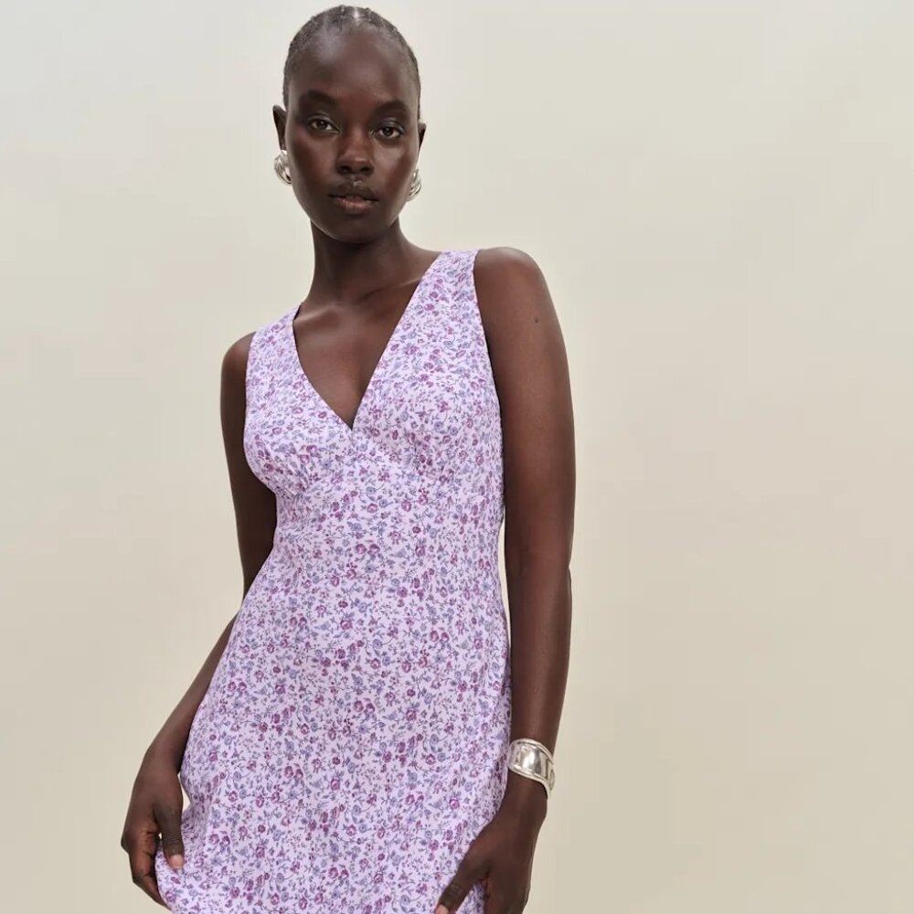 Reformation Lilac Floral V-Neck Mini Dress